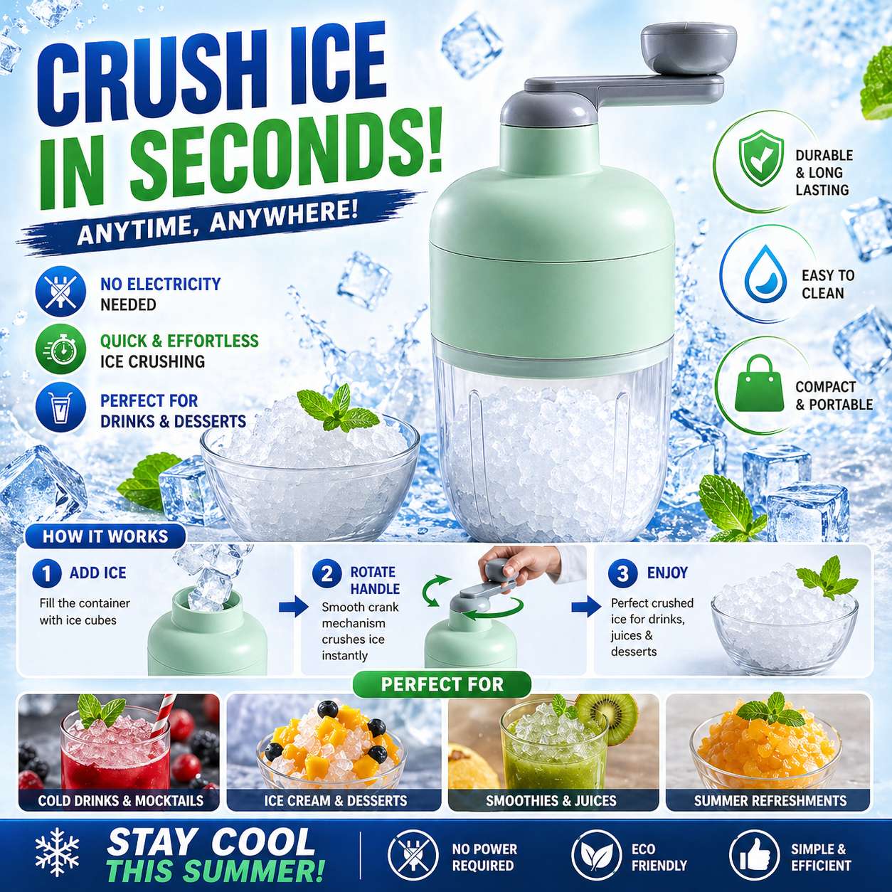 Manual Ice Crusher Shaved Ice Machine with Hand Crank (1 Set) dd